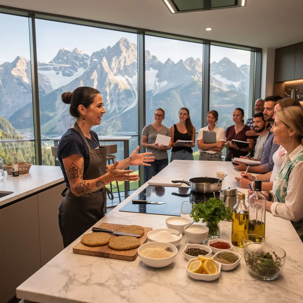 Eine Gruppe von Teilnehmern, die in einer gemütlichen Küche lernen, wie man österreichische Spezialitäten ohne Fleisch zubereitet.