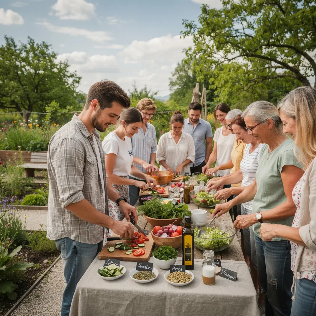 Ein Koch, der mit Begeisterung pflanzliche Zutaten zubereitet und dabei kreative vegetarische Rezepte erklärt.