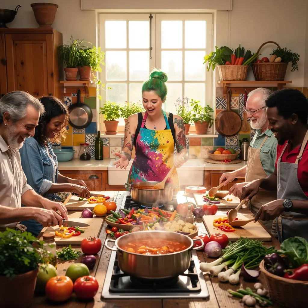 Eine Gruppe von Teilnehmern, die begeistert an einem Kochkurs für pflanzenbasierte Küche in einer modernen Küche arbeitet.