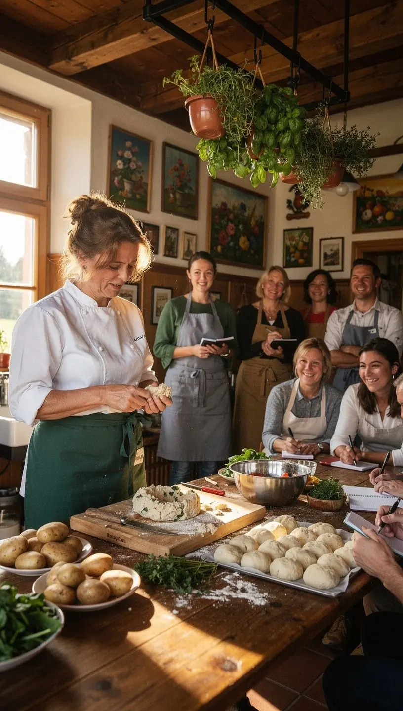 Ein bunter Teller mit traditionellen österreichischen Gemüsegerichten, schön angerichtet und mit frischen Kräutern garniert.