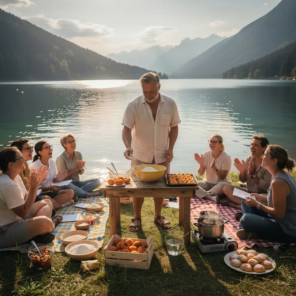 Ein bunter Teller mit traditionellen vegetarischen österreichischen Gerichten, liebevoll angerichtet mit frischen Kräutern und Gemüse.