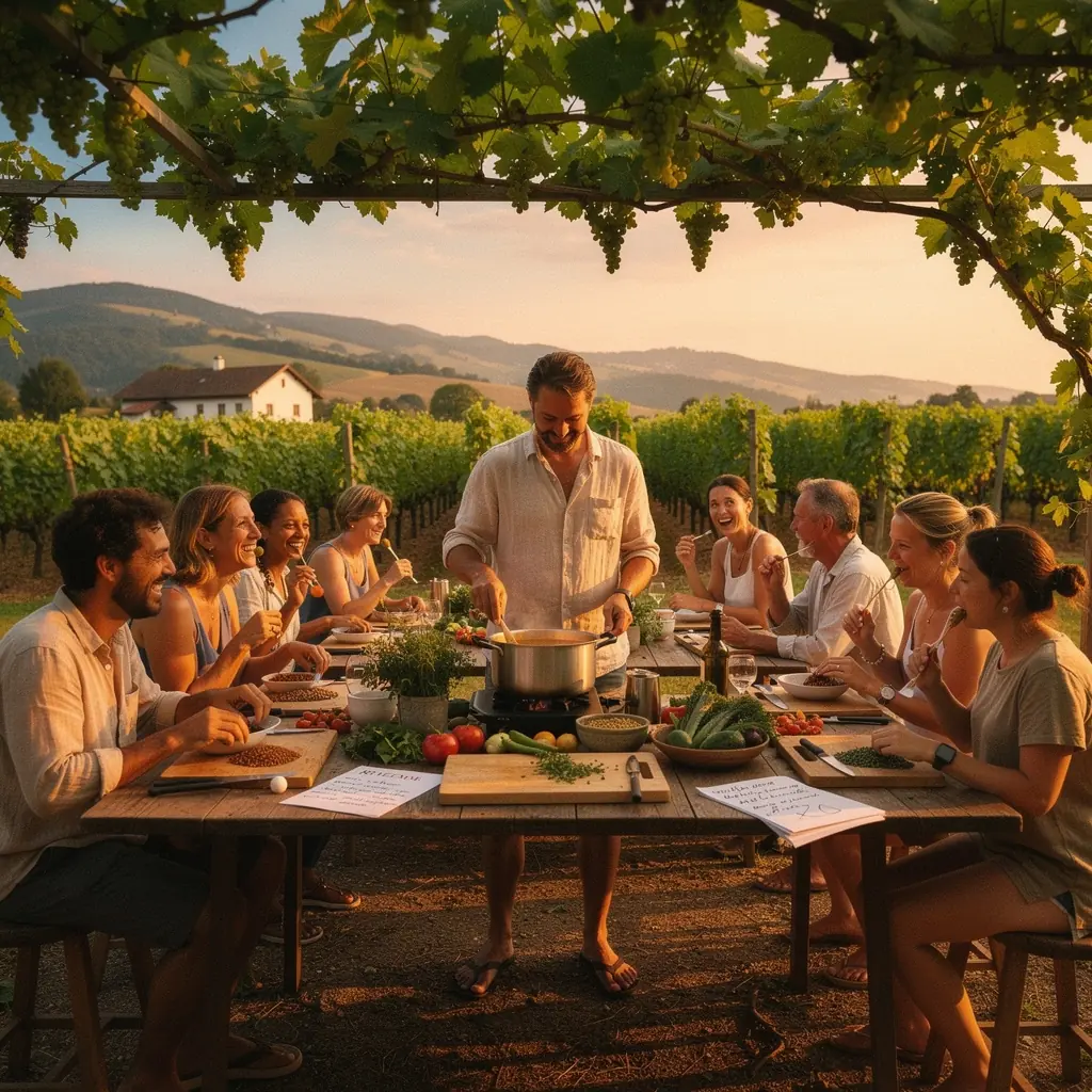 Eine Auswahl an hausgemachten vegetarischen Spezialitäten auf einem rustikalen Holztisch angerichtet.
