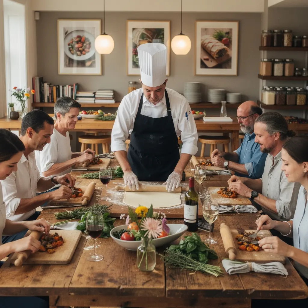 Ein Kochutensilien-Set, bestehend aus Holzlöffeln und Töpfen, die für die Zubereitung pflanzlicher Gerichte verwendet werden.
